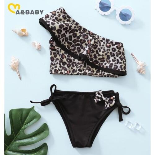 Ma&Baby 1-5Y Summer Leopard Kid Girls Swimsuit Ruffles Bow Swimwear One Shoulder Bikinits Set Beachsuit Holiday