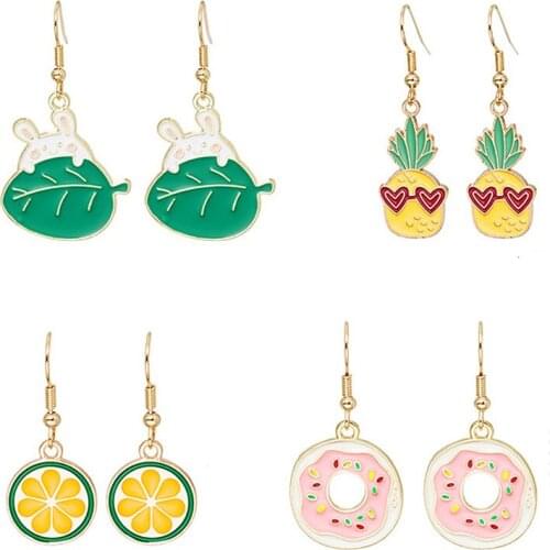 Cute Fruit Donuts Dangle Earrings For women Girls Funny Sweets Kawaii rabbit leaf Drop Earrings korean Fashion Hawaii Jewelry