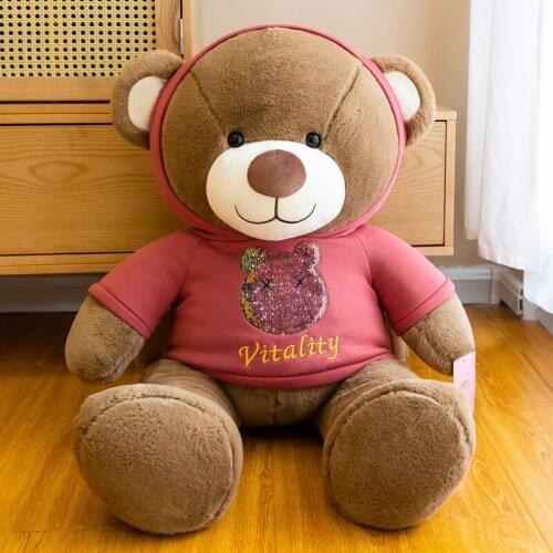 Kawaii Cartoon Creative Sequin Bear Sweater Plush Stuffed Soft Sleeping Pillow for Girl Kid Birthday Valentines Day Gifts