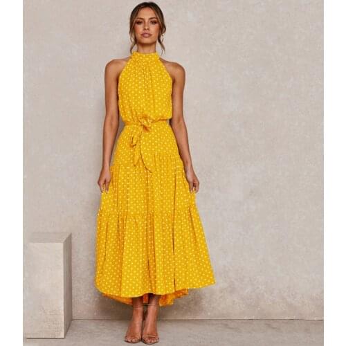 Fashion Summer Long Dress Yellow Polka Dot Casual Womens Halter Strapless 2021 Womens Womens Summer Generous And Elegant