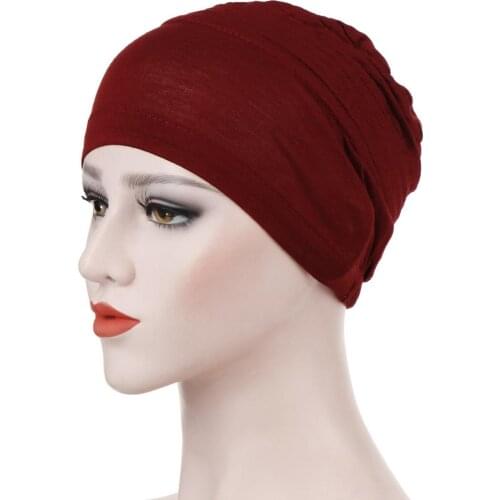 Plain mecerized cotton Muslim head coverings turban headscarf Sleeve Cap Solid Wrinkle Soft indian Inner Beanie Hat head wrap