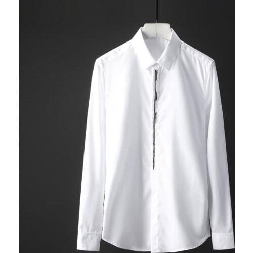 New 100% Cotton Men Shirt Fashion Placket Pure Hand Beading Men Shirt Long Sleeve Plus Size 4xl Solid Color Mens Dress Shirt