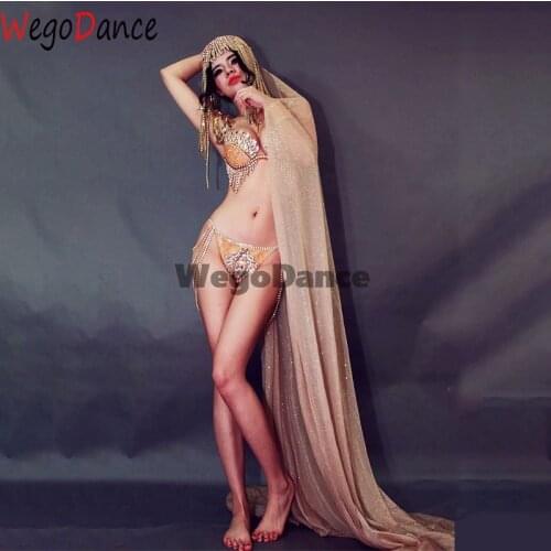 New Gold Rhinestones Bra And Pant Set Dance Wear Belly Dancer Costume Sexy Nightclub Singer Golden Tassel Birthday Clothing