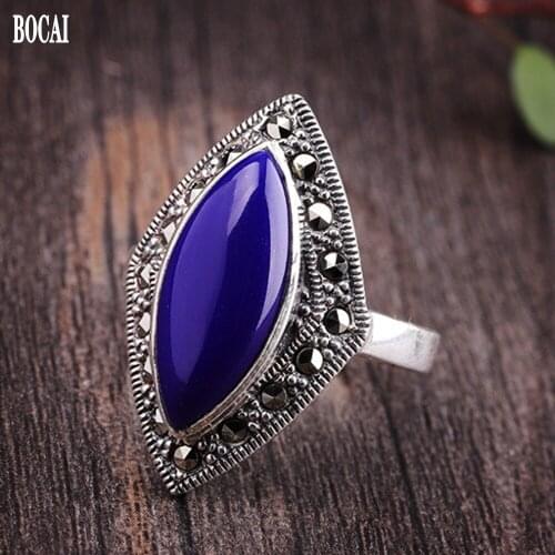 BOCAI New real S925 pure silver jewelry Thailand womens personality fashion diamond-shaped lapis lazuli woman ring