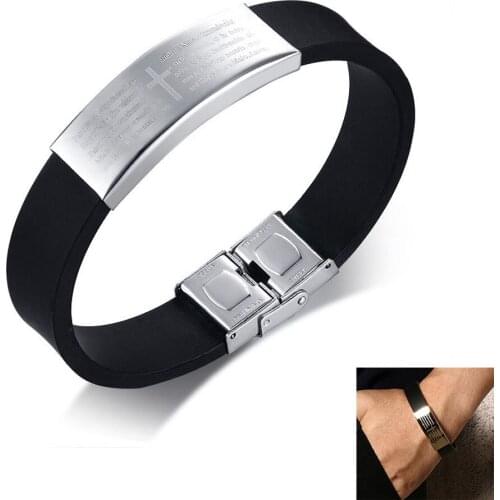 Punk black Charm Silicone Men Bracelet Stainless Steel Cross Prayer Bible Wristband Bracelet