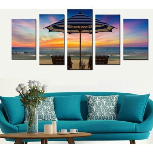 Canvas Prints Sunset Sand Beach Umbrellas Seascape HD Spray Pictures Wall Art Gift for Living Room Decor 5 Panel No Framed