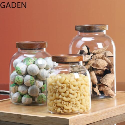 Transparent Glass Storage Jar Acacia Wooden Lid Tea Cans Moisture-proof Sealed Jars Home Living Room Kitchen Storage Tools