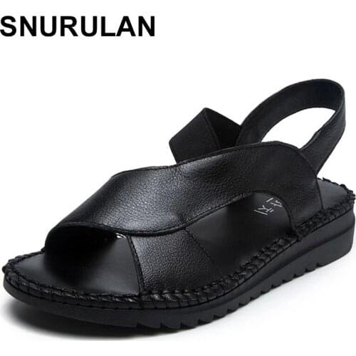 SNURULAN Genuine Leather Sandals Women Flat Gladiator Sandals Women Summer Shoes Handmade Slip On Open Toe Sandals Female Black