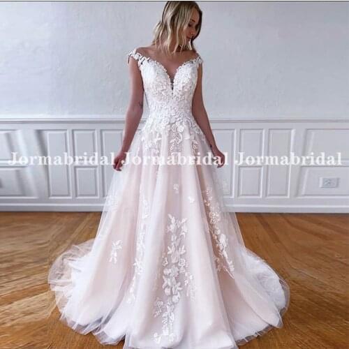 Light Pink Wedding Dresses Lace Tulle Bridal Gowns Cap Sleeves Vestido De Noiva See Through Buttons Back Customize Wedding Dress