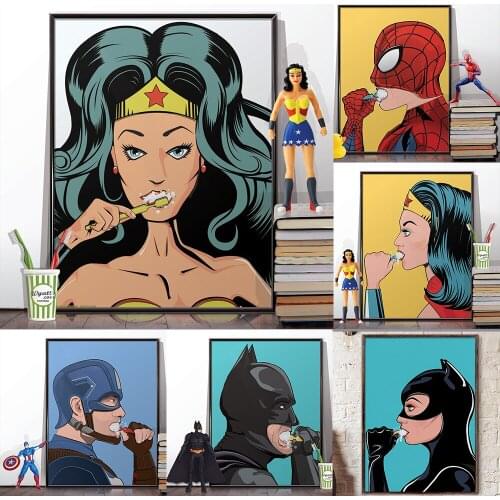 Washroom Home Decor Marvel Superhero Cleaning Teeth Poster Prints Toilet Humour Spiderman Wall Art Canvas Painting Anime Picture