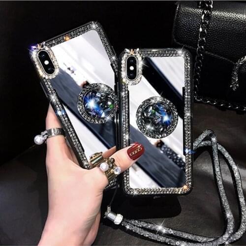 Mirror Rhinestone Makeup Women Case For Samsung A70 A50 A40 A30 A20 A31 A11 A21S A01 A8 A6 Plus A5 A7 A830 Finger Ring Cover