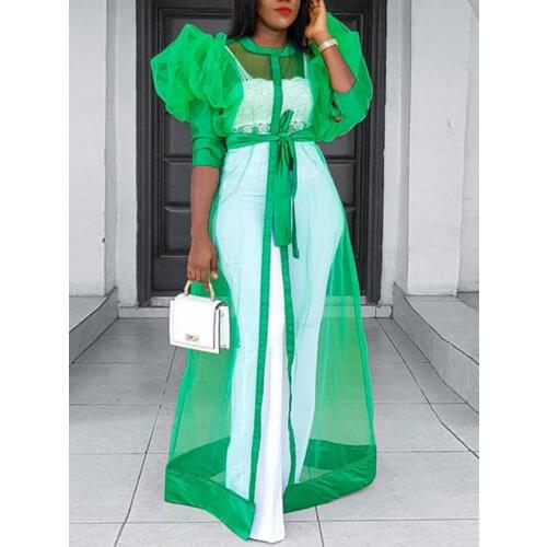 Women See Through Party Dresses Sexy Maxi Cover Up Dress Lantern Sleeve Cardigan with Belt 2021 African Big Size Fashion Spring