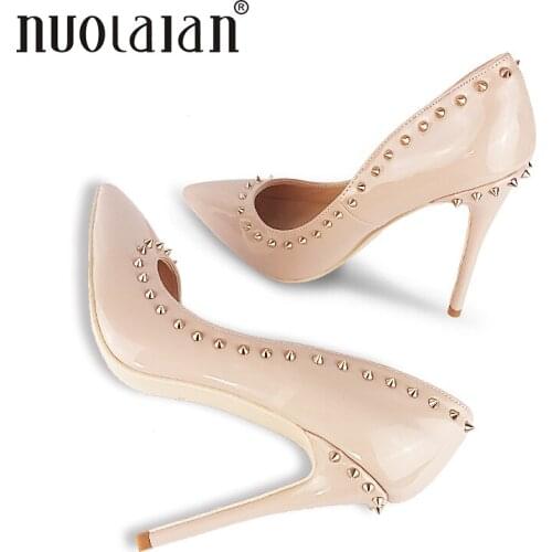 Top Quality Women Pumps 12cm Sexy Women High Heels 2018 Rivet Shoes Pointed Toe Women Shoes