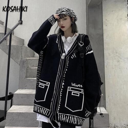 KOSAHIKI 2021 Streetwear Print Harajuku Japanese Cardigans Women Clothing Casual Vintage Retro V Neck Jerseys Mujer 11a004