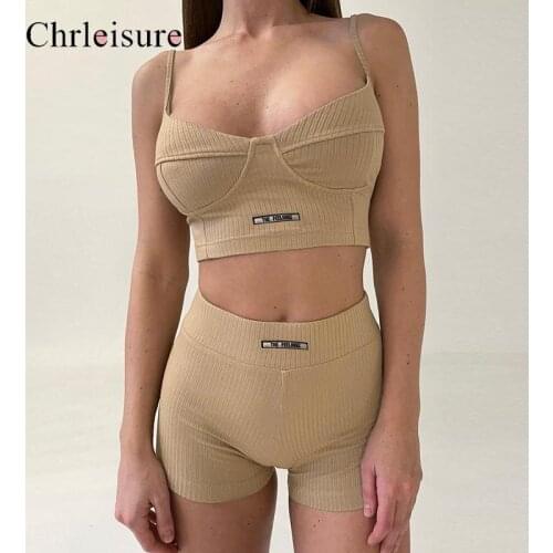 CHRLEISURE Women Sport Shorts 2 Piece Suits Woman Push Up Fitness Gym Suits Sexy Ribbed Knitted Crop Top + Biker Shorts Suits