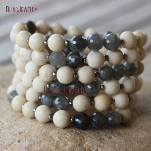 BM33870 Labradorite Fossilized Jaspers Stretch Beaded Bracelet Stackable Stretch Bracelet with Pyrite Beads Accent