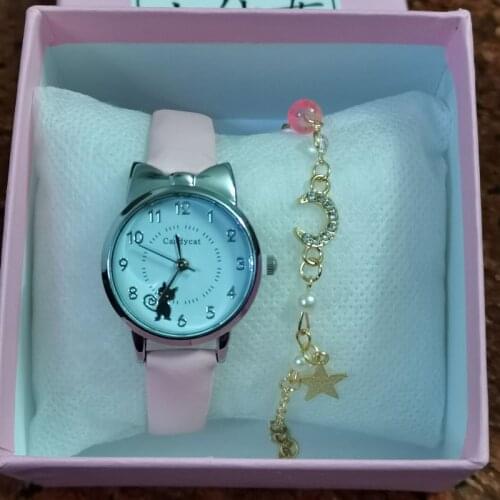 2021 Fashion Cute Cat Pattern Children Watches Set Quartz Leather Strap Kids Watches For Girl With Bracelet And Box Gift Clock