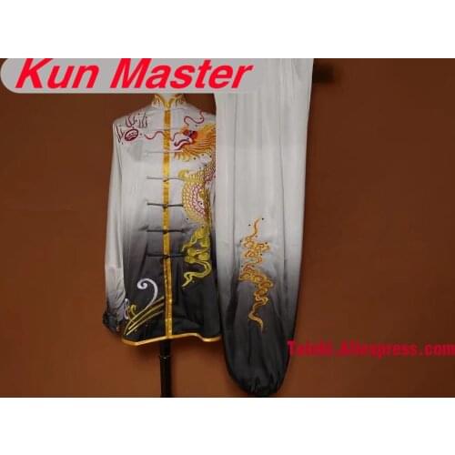 Man Custom Tai Chi Performance Uniform Dragon Embroidery Martial Art Clothing For Kung Fu White And Gray Gradual Change Colors