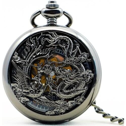 Black Steampunk Skeleton Mechanical Pocket Watch Men Antique Luxury Brand Necklace Pocket & Fob Watches Chain Male Clock PJX1151