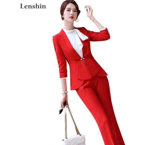 Lenshin 2 Pieces Set Street Wear Women Suit with Ruffles Office Lady Fashion Style V-Neck Jacket and Bell-bottom Trousers