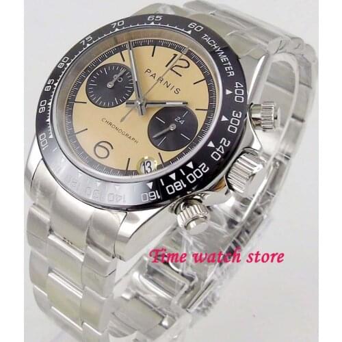 Parnis 39mm Quartz watch men waterproof steel 24 hours Chronograph brown dial luminous sapphire black bezel stop wrist 1198