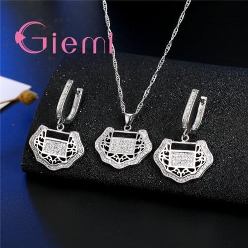 New Retro Fashion 925 Sterling Silver Earring Pendant+Necklace Bridal Jewelry Sets Lock Shape Gorgeous Halo Cubic Zircon