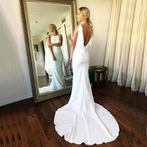 Simple Bohemian Women Ivory Wedding Dress Sexy Scoop Elastic Satin Backless Mermaid Wedding Dresses Sweep Train Long Bride Gowns