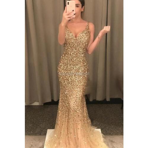 V-neck Double-shoulder Strap Leak-back Slim-fit Prom Gown, Hand-made Diamond Beaded Embroidered Long Skirt Evening Dress