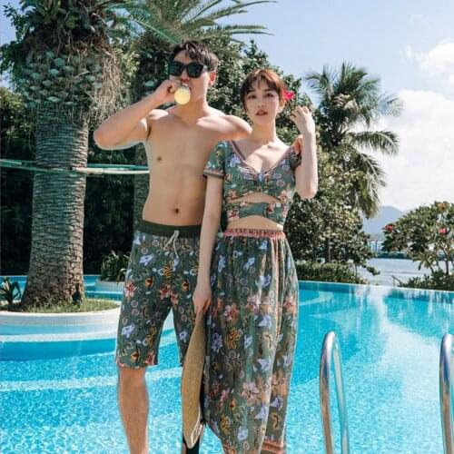 Couple Swimsuit Girl Small Chest Gathered Flat Angle Bikini Three-Piece Women Swimming Suit Loose Men Beach Pants Boys Swimwear