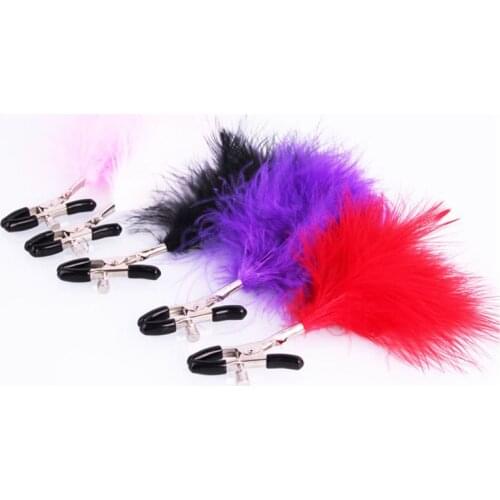 Pair feather nipple clamps shaking stimulate milk for men female breast plume clitoris clip Chastity Lover Game sex toys 3colors
