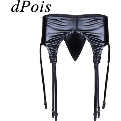 Womens Wetlook Patent Leather Garter Panty Plastic Or Metal Clip Sock Garter Belt Holder Fastener Suspender with G-string Briefs