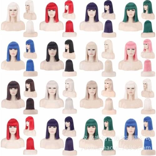 Straight Shoulder Length Bob Wig With Bangs for Women Synthetic Bobo Wigs Black silver blue Red Pink Purple Wig for Party