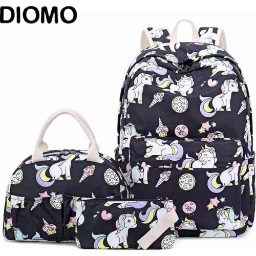 DIOMO Preppy Style Unicorn Printing School Bag Set 3 Pieces Kids Backpack Waterproof Teenager Student School bags with Small Bag