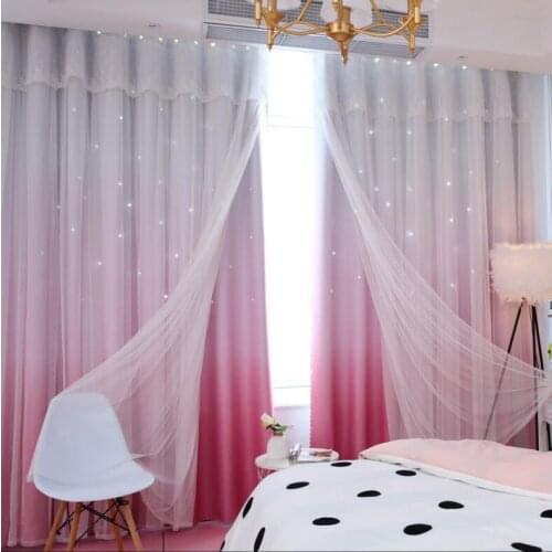 Stars Window Gradient Curtains for Living Room Bedroom Kids Room Wedding Lace Voile Tulle Curtain Double Layer Blackout Curtains