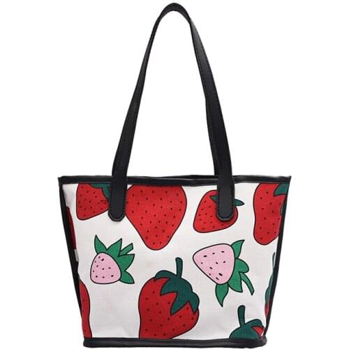 New summer simple and versatile literary strawberry shoulder bag female cute girl canvas shopping tote bag tote bag