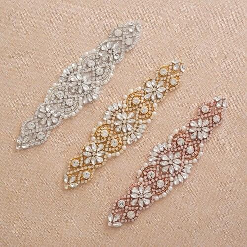 SESTHFAR Wedding Applique With Crystals Rhinestone Bridal Belt Silver Rose Gold Sew On Wedding Dress Accessories Iron On