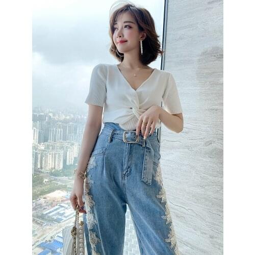 Top Quality sexy V-neck Cross twist short knitwear new summer T-shirt