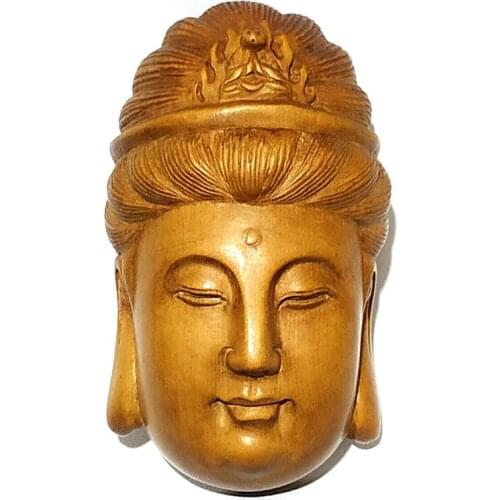 Y5312 - Collectible 20 Years Old 2" Hand Carved Boxwood Netsuke: Kwan-yin Fairy Mask