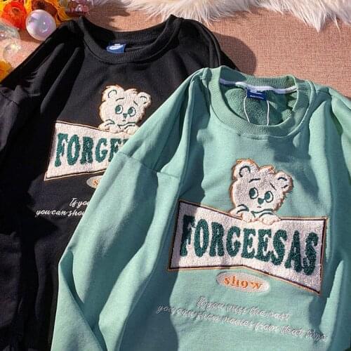 2021 Womens Winter Tops Bear Embroidery Sweatshirt Streetwear Harajuku Teens Clothes Hip Hop Goth Oversized Pullovers Fashion