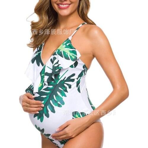 Ruffles Women Tank Backless Maternity Swimsuit Printed One Piece Swinwear Pregnant Swimsuit Premama Pregnancy Bodysuit Bathing