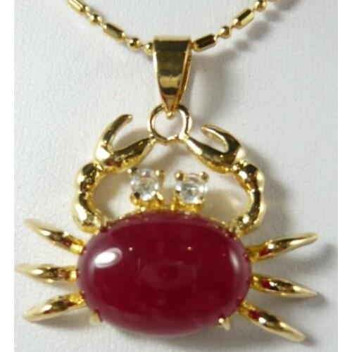 Womens fashion super cute gold plated metal crab Accessories + Red Jade Pendant Necklace