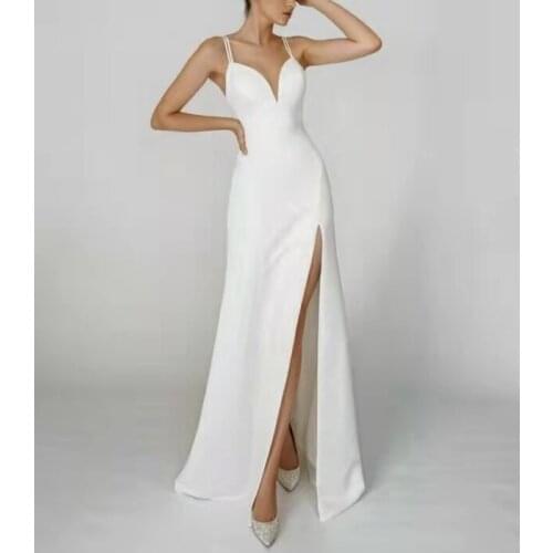 Sexy Satin Long Sleeve Wedding Dresses with Slit Spaghetti Floor Length Pleated V-Neck Abendkleider Maxi Bridal Gowns for Women
