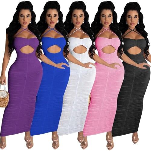 Somoshein S-2XL 2021 Summer Women Dress Solid Color Hollow Halter Sexy Evening Long Dresses Wholesale Dropshopping
