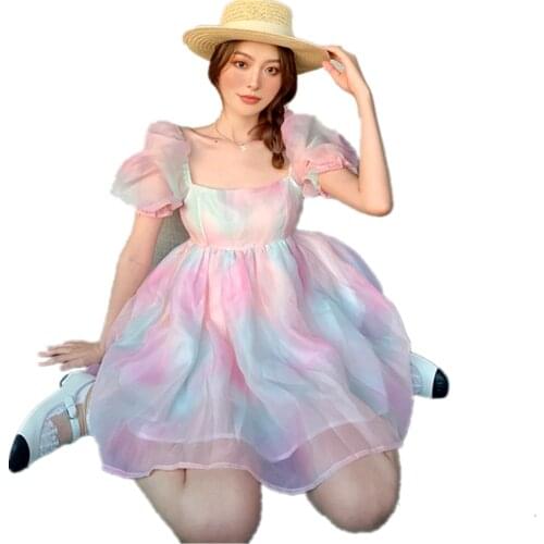 2021 Summer Women Stylish Tie Dye Colorful Tulle Mini Dress New Prom Gowns A-Line High Waist Cute Girls Dresses