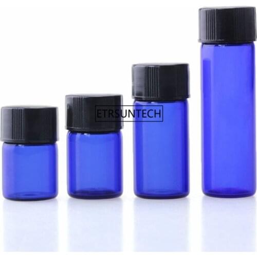 300pcs 1ml 2ml 3ml Blue Small Glass Essential Oil Bottle With Black Tamper Evident Cap Reducer F3379