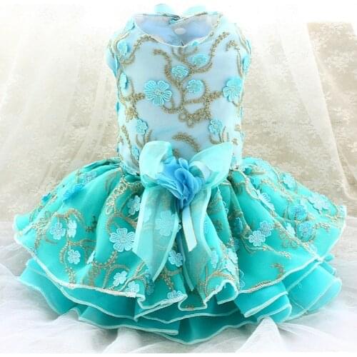Free Shipping Handmade Dog Clothes Blue Embroider Flowers Tutu Party Gown Bowknot Pet Cat Princess Dress
