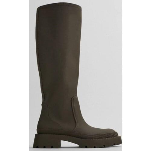 Boots Round Toe Female Shoes Flat Heel Ladies Med Leather Summer Over-the-Knee Lolita Rubber Solid Rome Slip-On Basic Fabric PU