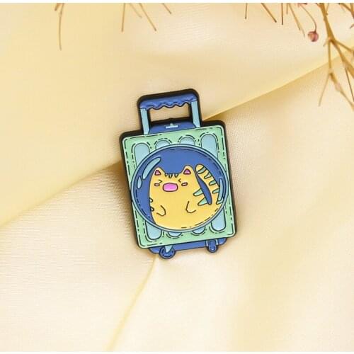 Cute Leisure Portable Cartoon suitcase Enamel Brooch Yellow cat luggage box Lapel Pin Travel Trolley suitcase Badge jewelry