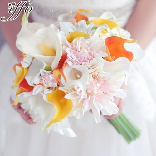 Yellow orange Calla Lily bouquet Dahlia Flower bouquet wedding Bride Bridal Artificial Flowers Handmade decoration bouquets