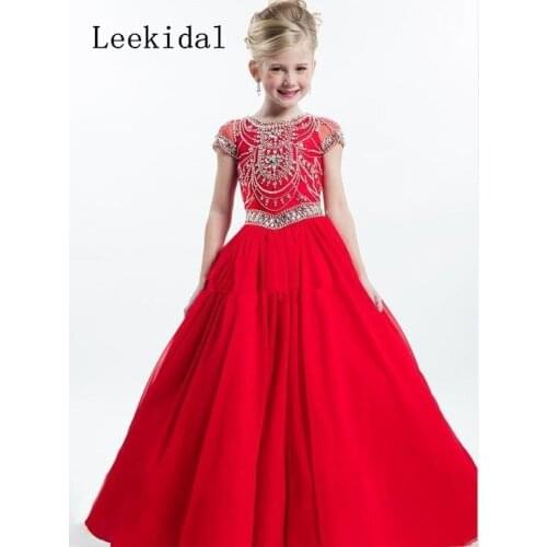 Red Girls Pageant Dresses for Teens with Short Sleeve Crew Beading Crystal Beading Red Flower Girl Dress Baby Party Gowns Custom